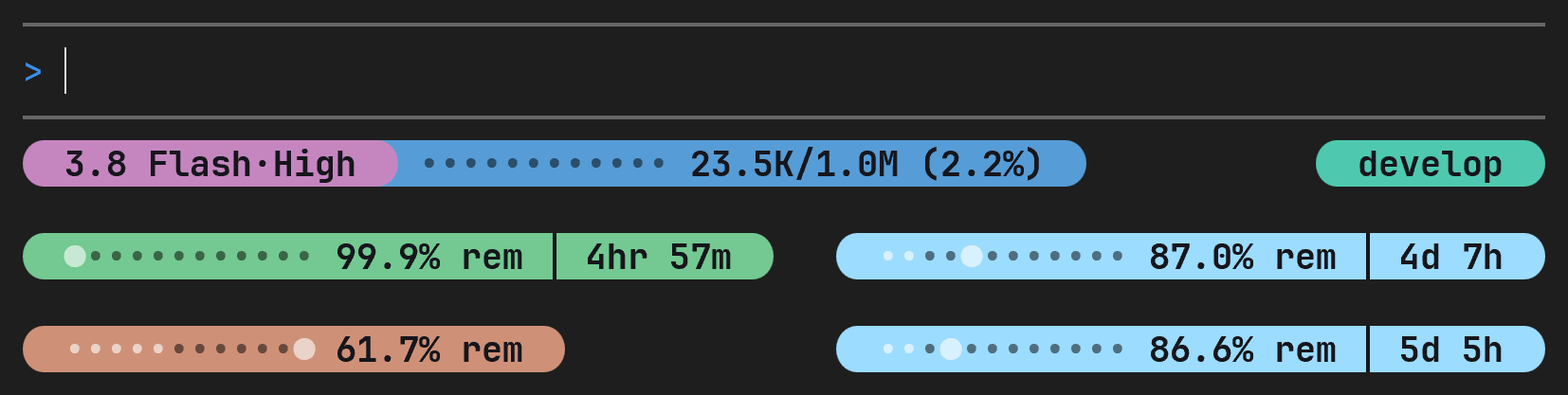 agy-powerline's three-row Pills bar in a 74-column window, values only: short model name, context and git branch; Gemini 5h and 7d quotas; Claude/GPT and Argon weekly quotas
