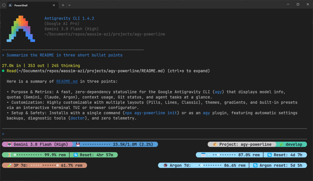 agy-powerline under agy's input box in Windows Terminal: a short conversation above, the three-row Pills bar below