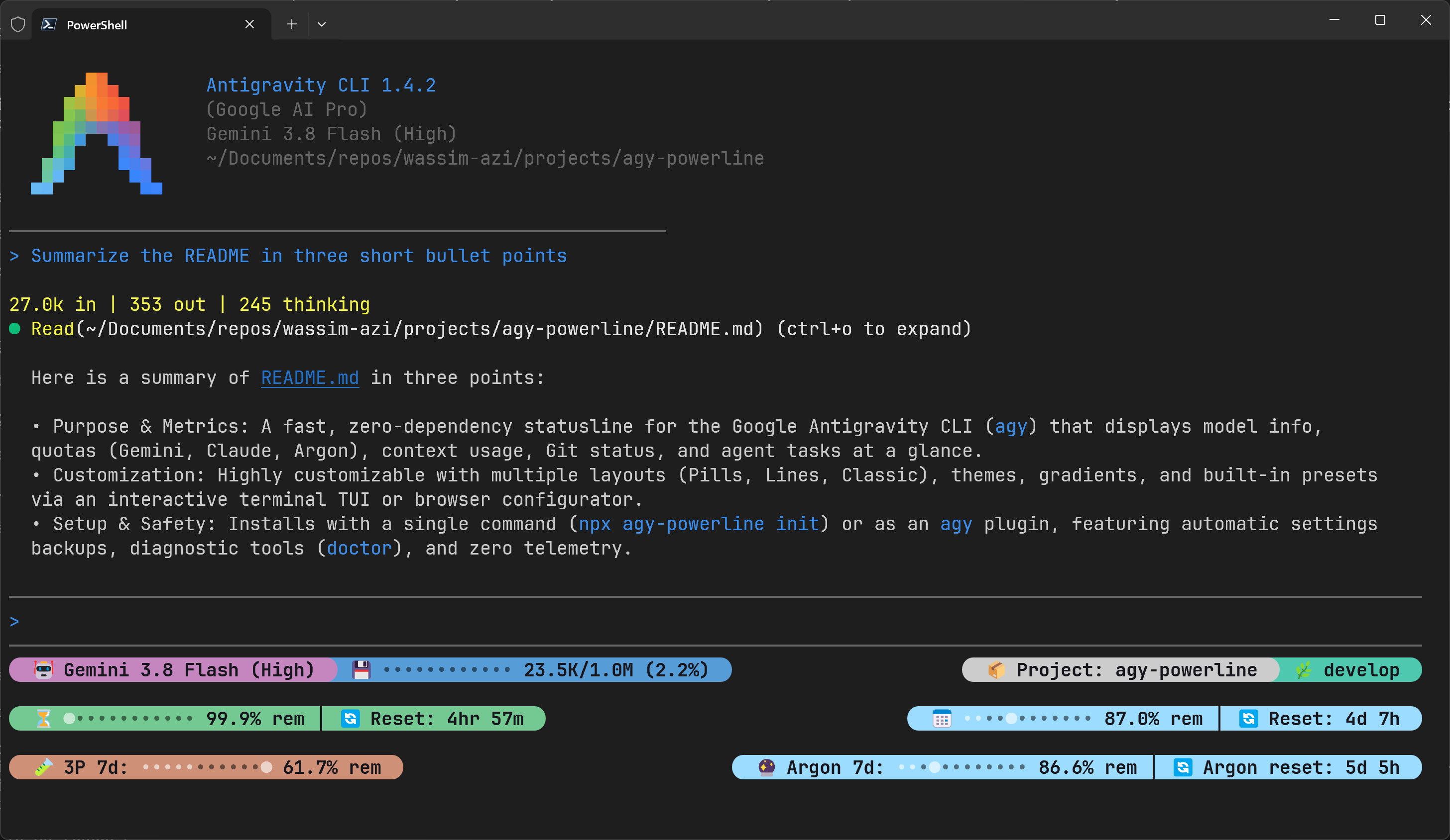 agy-powerline sous la zone de saisie d'agy dans Windows Terminal : une courte conversation au-dessus, la barre Pills sur trois lignes en dessous